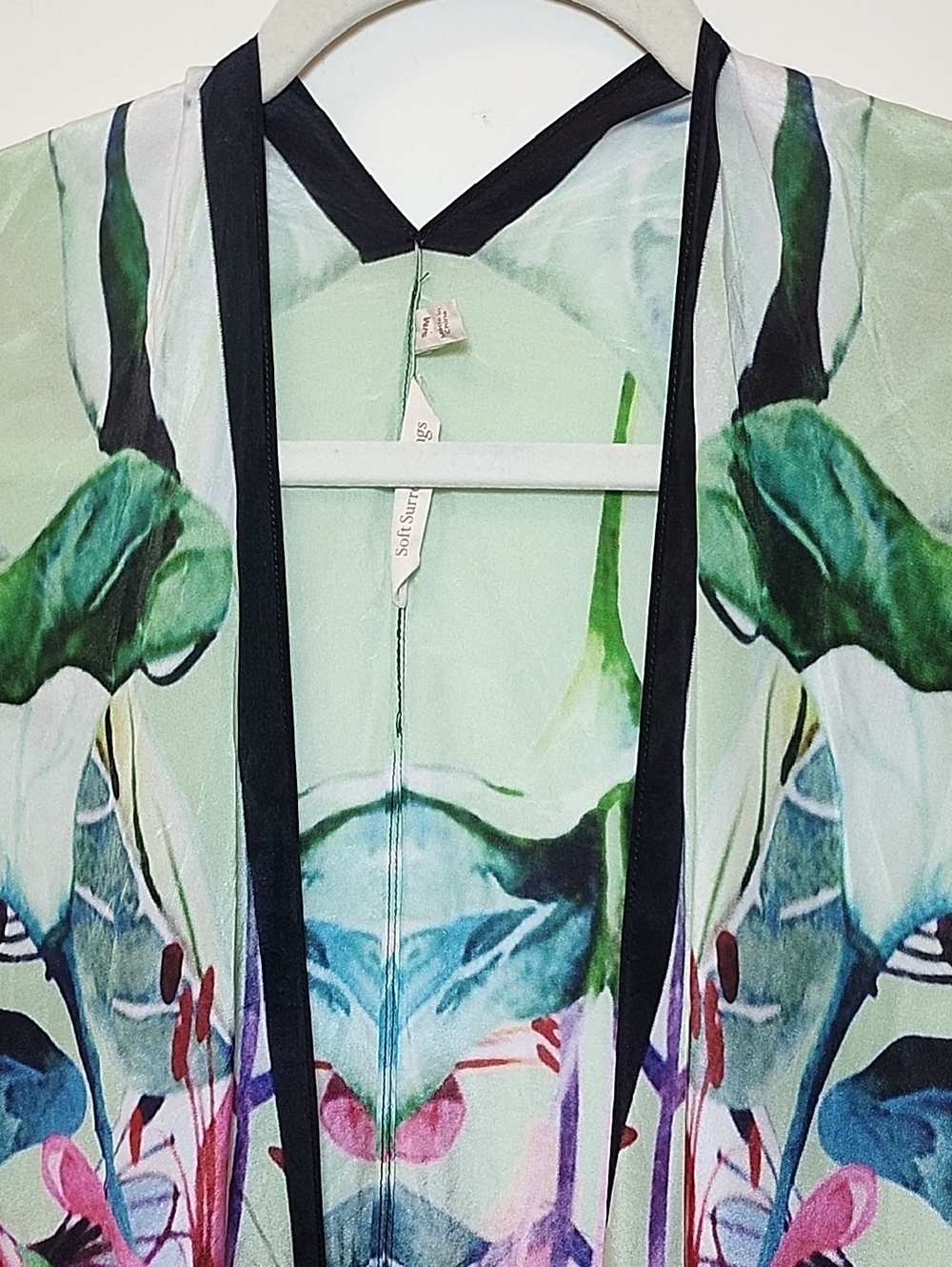 Soft Surroundings Emerald Isle silk topper tropical-themed open-front kimono S/M - Picture 14 of 16